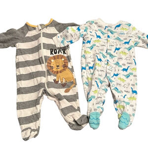 Two Newborn 0-3 months pajamas zipper & snaps  dinosaur stripes baby